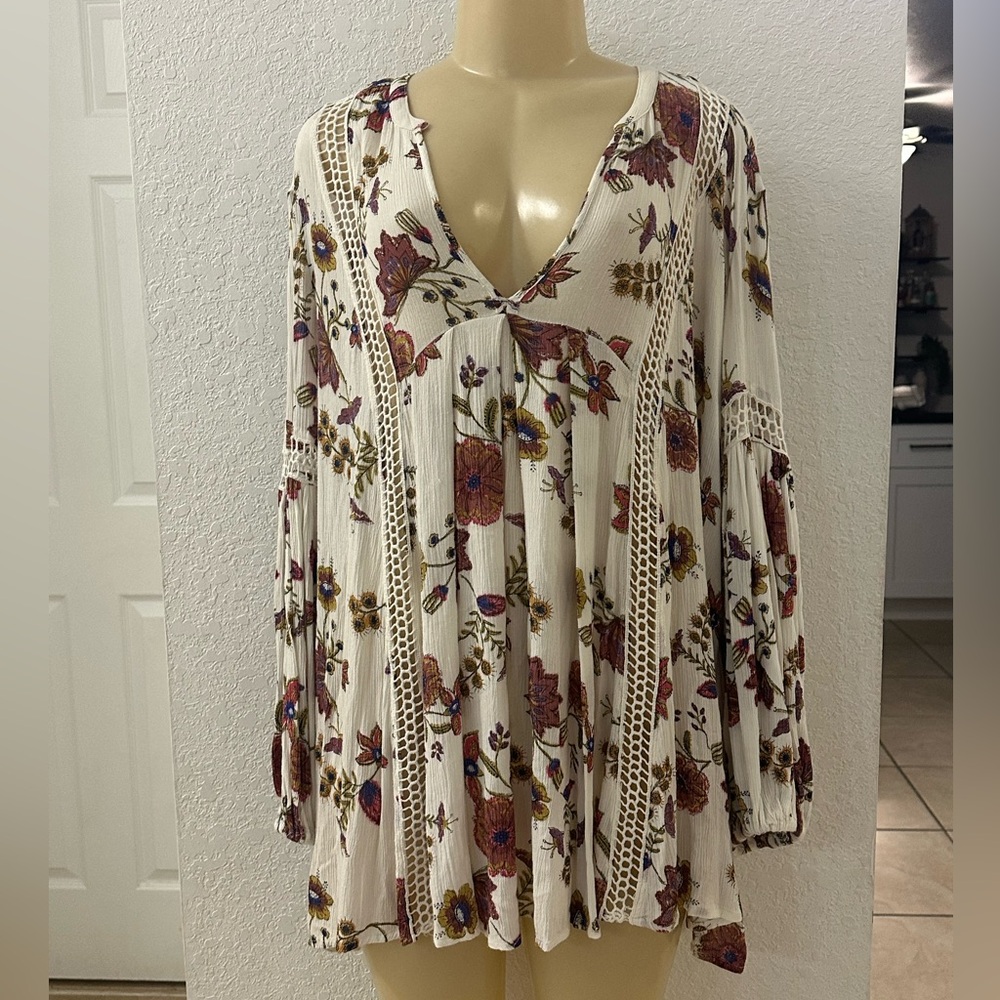 Floral Boho Blouse tunic free people size medium short dress Crochet Details - Picture 6 of 11